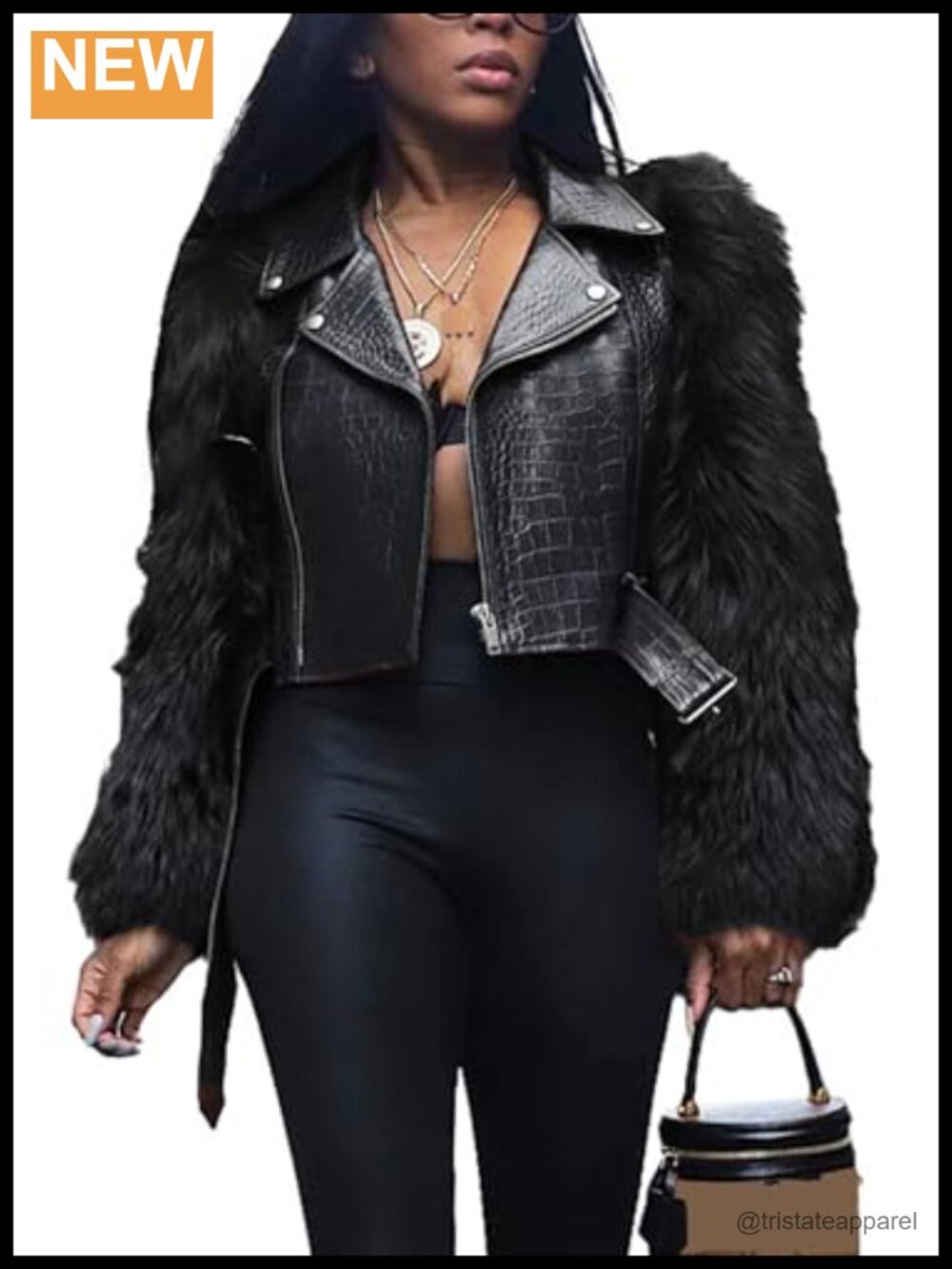 Women's Faux Leather Cropped Jacket Patchwork Faux Fur Long Sleeve Lapel V Neck